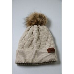 Britts Knits Oatmeal Beige Cable Knit Faux Fur Pom Beanie Fleece Lined Hat